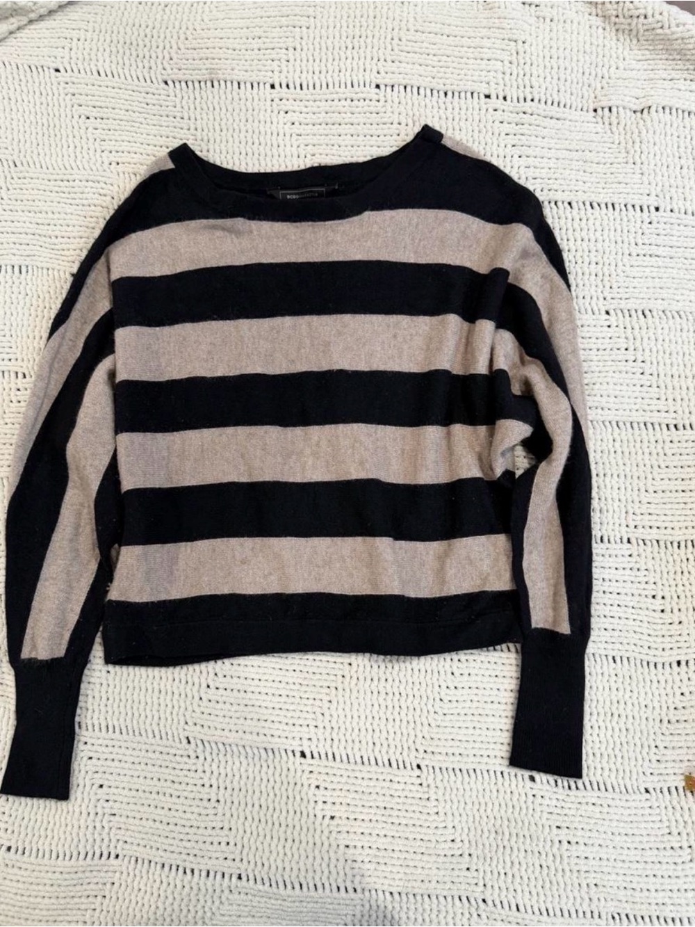BCBGMaxAzria Black and Taupe Striped wool cashmere blend Crewneck Sweater